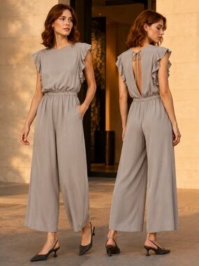 Wilfred Taupe Flutter-Sleeve Wide-Leg Jumpsuit